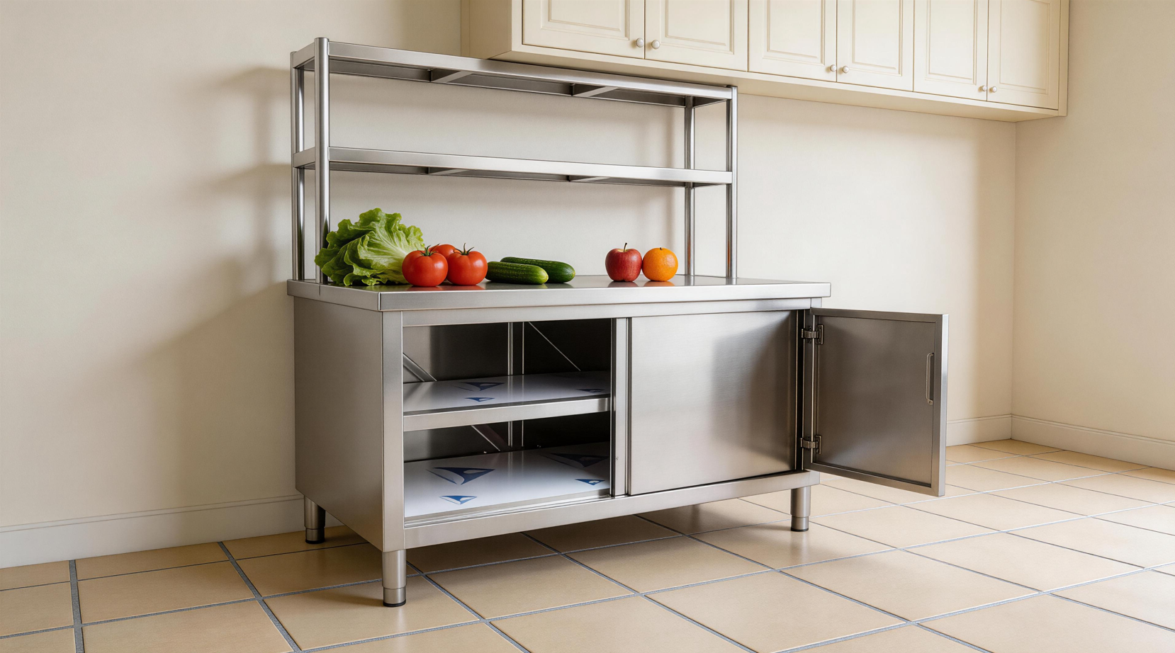 STAINLESS STEEL WORKTABLE WITH CABINET AND OVERSHELF